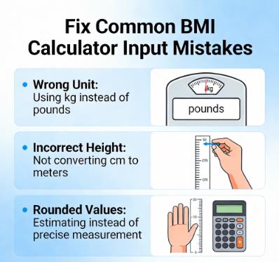 Square infographic showing how to fix common BMI calculator input mistakes for accurate health results