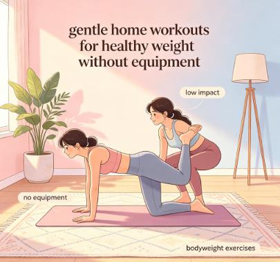 Gentle home workouts for healthy weight without equipment showing simple low-impact exercise moves Gentle home workouts for healthy weight without equipment showing simple low-impact exercise moves