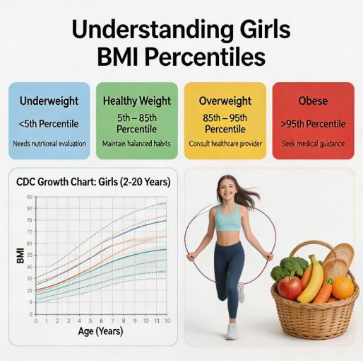 Girls BMI Calculator healthy growth guide infographic with CDC growth charts and BMI percentile table for American girls ages 2-20 Girls BMI Calculator healthy growth guide infographic with CDC growth charts and BMI percentile table for American girls ages 2-20