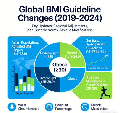 Global BMI guideline changes in the last 5 years infographic with updated standards for Asians seniors and athletes