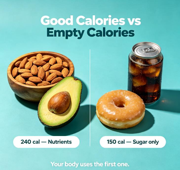 Good calories vs empty calories graphic, almonds and avocado versus donut and soda, nutrient‑dense food compared to sugary processed food, bright blue‑green health food photography Good calories vs empty calories graphic, almonds and avocado versus donut and soda, nutrient‑dense food compared to sugary processed food, bright blue‑green health food photography