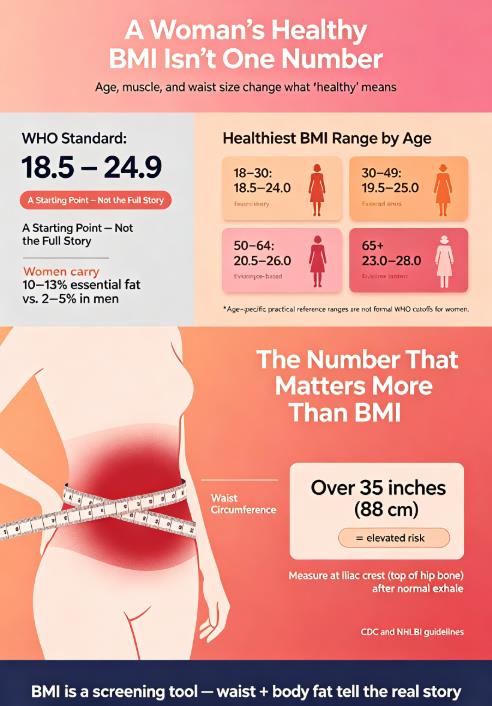 Infographic titled "A Woman's Healthy BMI Isn't One Number — Age, Muscle, and Waist Size Change What 'Healthy' Means." Top: WHO standard 18.5–24.9 with note that women carry 10–13% essential fat. Middle: Age-specific BMI ranges — 18–30: 18.5–24.0; 30–49: 19.5–25.0; 50–64: 20.5–26.0; 65+: 23.0–28.0. Bottom: Female silhouette with red-highlighted waist and tape measure, labeled "Waist Circumference — Over 35 inches (88 cm) = elevated risk." CDC/NHLBI guidelines referenced. Key reminder: BMI is a screening tool — waist and body fat tell the full story. Strength-trained women may have BMI 25–26 with low body fat and healthy waist.