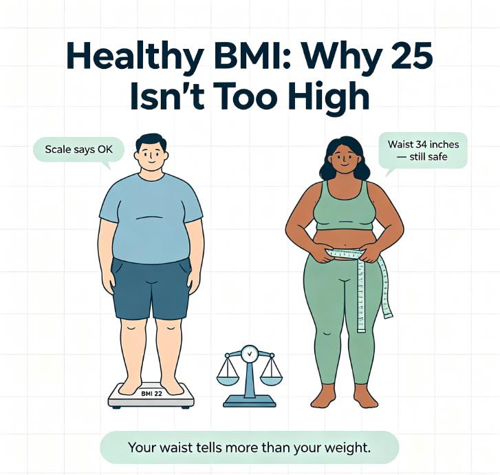 Healthy BMI infographic 1:1: side‑by‑side comparison, scale showing BMI 22 OK versus waist measurement 34 inches safe, soft blue‑green data‑driven design, waist tells more than weight