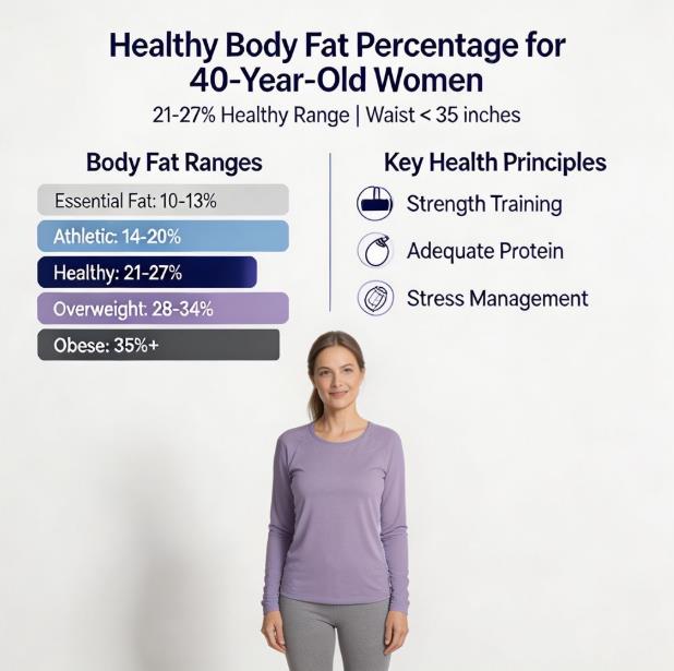Healthy body fat percentage for 40 year old women infographic showing 21-27% healthy range, waist circumference under 35 inches guideline, and strength training protein principles for women in US, Canada and Europe