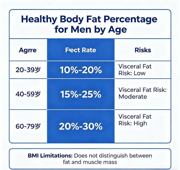 Healthy Body Fat Percentage for Men by Age Chart Explaining Visceral Fat Risks and BMI Limitations