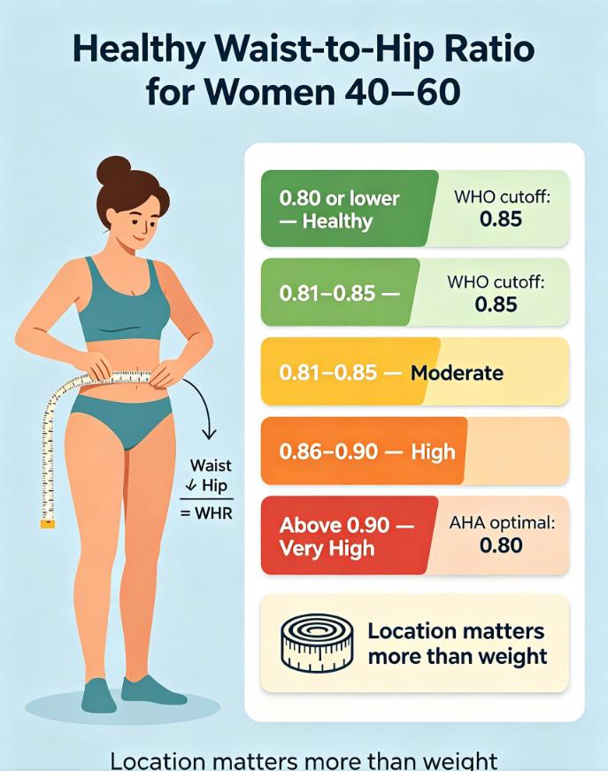 Infographic: healthy waist-to-hip ratio for women 40–60 (0.80–0.85), risk ranges, and how to measure.