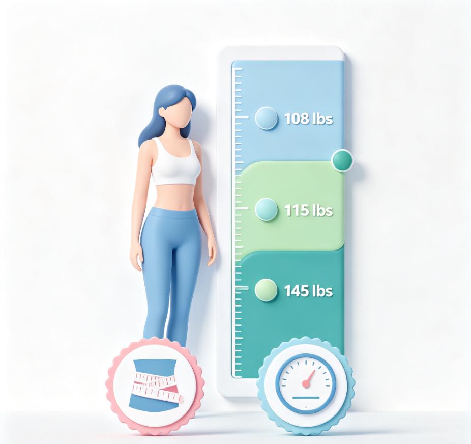 Healthy weight for 5'4 female infographic: 108-145 lbs range by frame size with BMI values, waist under 35 inches, and waist-to-height ratio under 0.49 Healthy weight for 5'4 female infographic: 108-145 lbs range by frame size with BMI values, waist under 35 inches, and waist-to-height ratio under 0.49