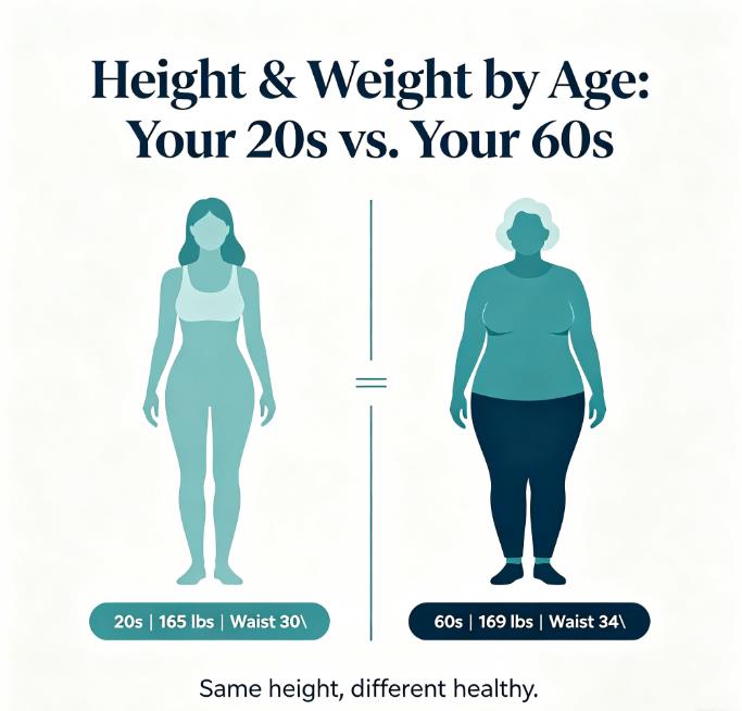 Women's height and weight by age cover showing a 20s vs 60s comparison with weight and waist labels