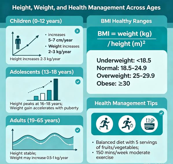 Height and Weight by Age Guide with Healthy BMI Ranges for Children, Adults and Seniors - CDC Approved Age-Related Growth and Weight Management Chart