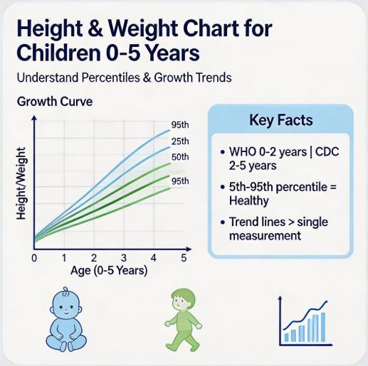 Height and weight chart for children 0-5 years infographic showing WHO 0-2 years and CDC 2-5 years growth standards with healthy 5th-95th percentile range for pediatric populations in US, Canada and Europe