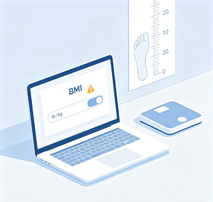 BMI calculator interface showing lb and kg unit toggle, with a wall height chart and bathroom scale for accurate measurement.