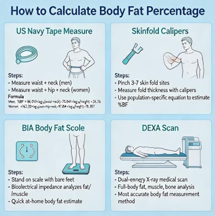 How to Calculate Body Fat Percentage - Complete guide comparing US Navy tape measure, skinfold calipers, BIA scale, DEXA scan and other body composition measurement methods for men and women by age