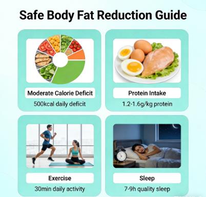 how to lower body fat safely - illustration of gentle calorie deficit, protein and exercise tips for sustainable fat loss