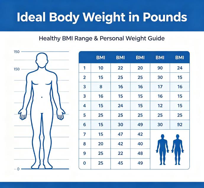 Ideal body weight in pounds height weight chart showing healthy BMI range 18.5-24.9 for adults in US, Canada and Europe with body composition guide