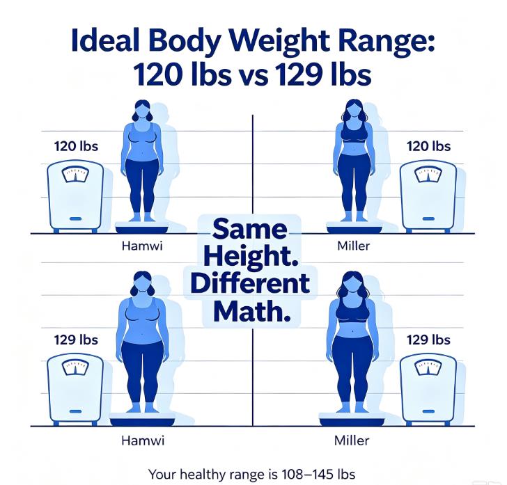 Ideal body weight range infographic: two same-height female silhouettes above and below, one scale showing 120 lbs Hamwi and one scale showing 129 lbs Miller, with text "Same Height. Different Math." and healthy range 108–145 lbs