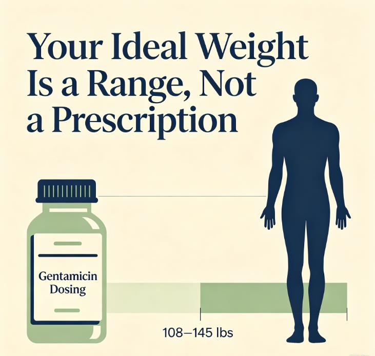Infographic showing ideal body weight as a weight range not a prescription, gentamicin dosing bottle, human body silhouette with 108‑145 lbs weight bar