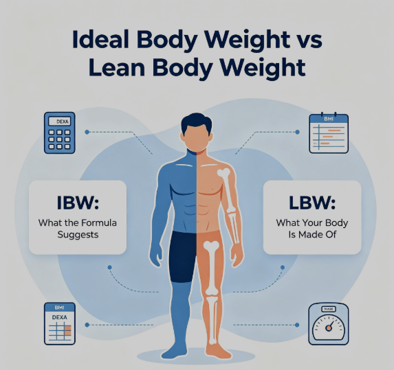 Infographic comparing ideal body weight vs lean body weight: key differences, formulas, and body composition health facts for adults