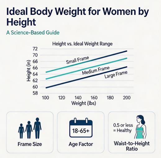 Science-based ideal body weight chart for women by height, showing healthy weight ranges adjusted for frame size, age and body composition for U.S. women
