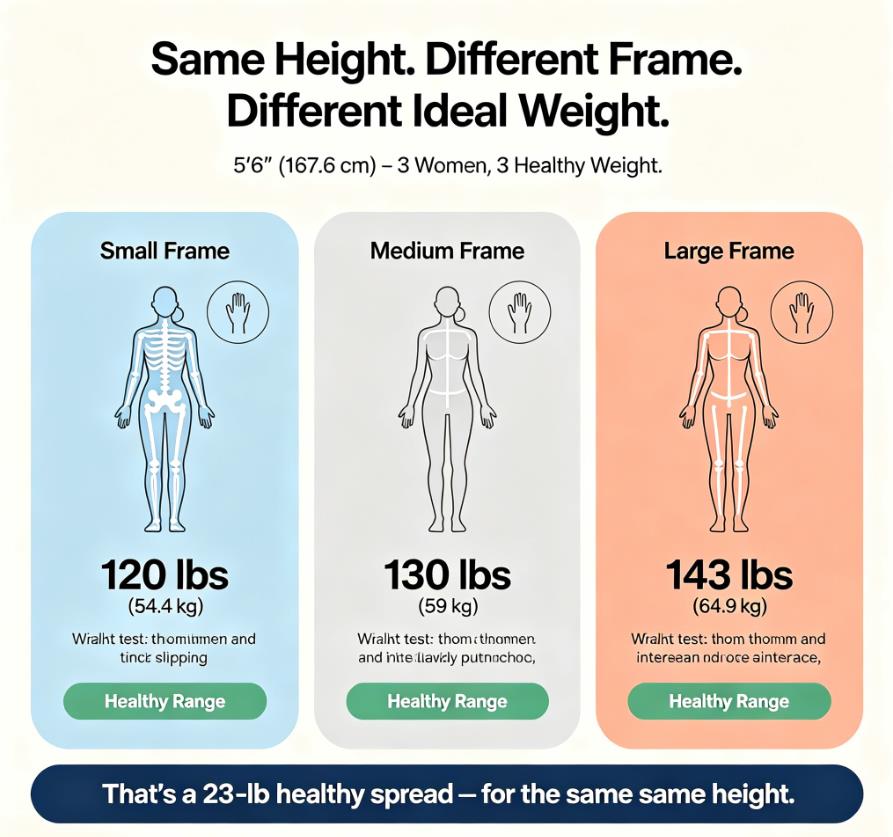 Three-panel infographic: three 5'6" women, same height, different healthy weights — small frame 120 lbs, medium 130 lbs, large 143 lbs. 23-lb spread for one height. Ideal weight depends on your frame, not a formula.