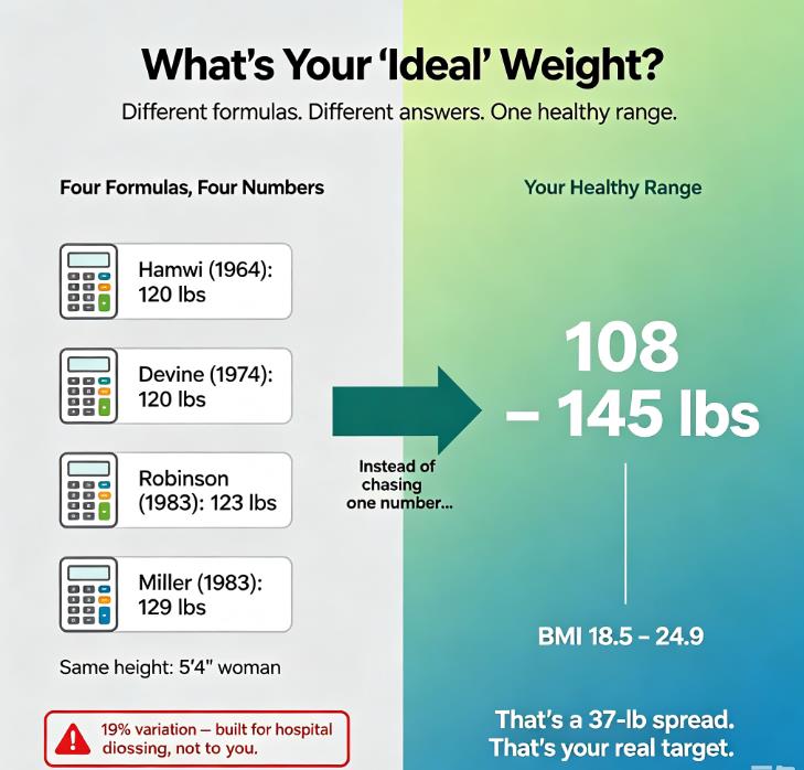 Infographic comparing ideal weight formulas for a 5'4" woman: Hamwi 120 lbs, Devine 120 lbs, Robinson 123 lbs, Miller 129 lbs — 19% variation. Right side shows healthy BMI range 108–145 lbs (BMI 18.5–24.9), a 37-lb spread. Ideal weight is a range, not a single number.