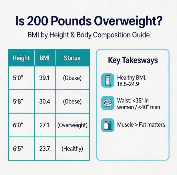 Is 200 pounds overweight infographic showing BMI by height chart for adults in US, Canada and Europe with healthy BMI range 18.5-24.9 and waist circumference guidelines