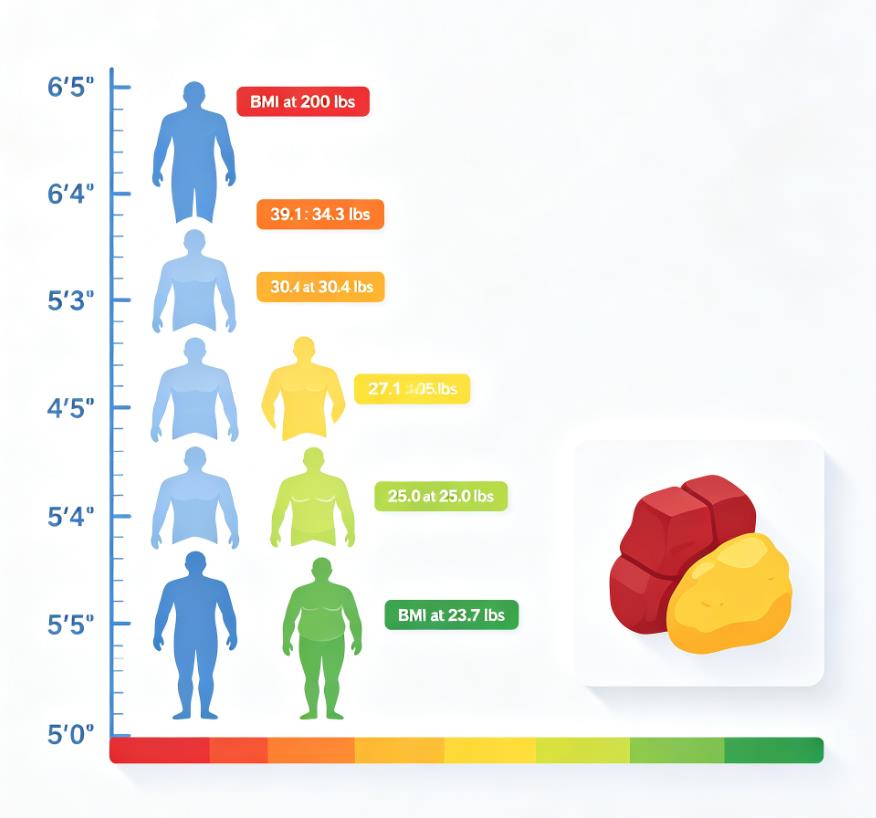 Infographic showing whether 200 pounds is overweight by height, comparing BMI from 5'0 to 6'5 with muscle versus fat visual comparison.