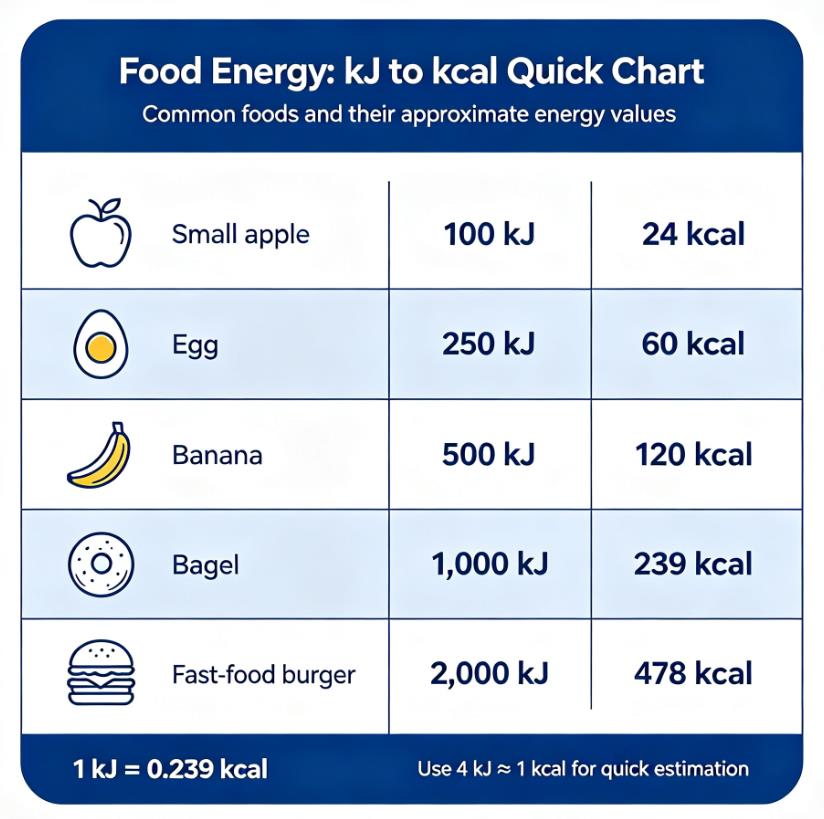kJ to calorie conversion cheat sheet for common foods showing 100 kJ to 24 kcal for an apple, 500 kJ to 120 kcal for a banana, and more