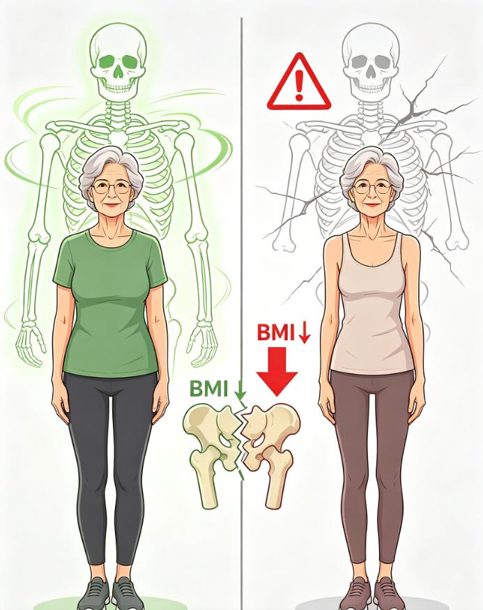 Health risks of low BMI in older women: osteoporosis, muscle loss, falls, and slow healing infographic.