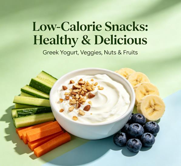 Dietitian-approved low calorie snacks under 150 calories featuring Greek yogurt, hard-boiled eggs, fresh veggies and air-popped popcorn for healthy weight management