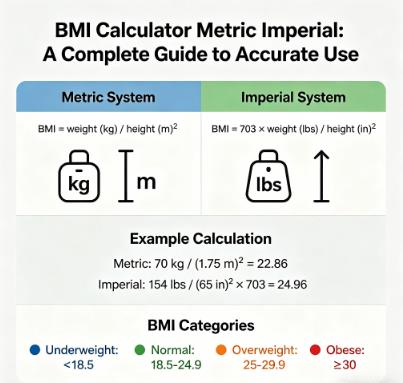 Metric and Imperial BMI Calculator Illustration with Health Measurement Tips Metric and Imperial BMI Calculator Illustration with Health Measurement Tips