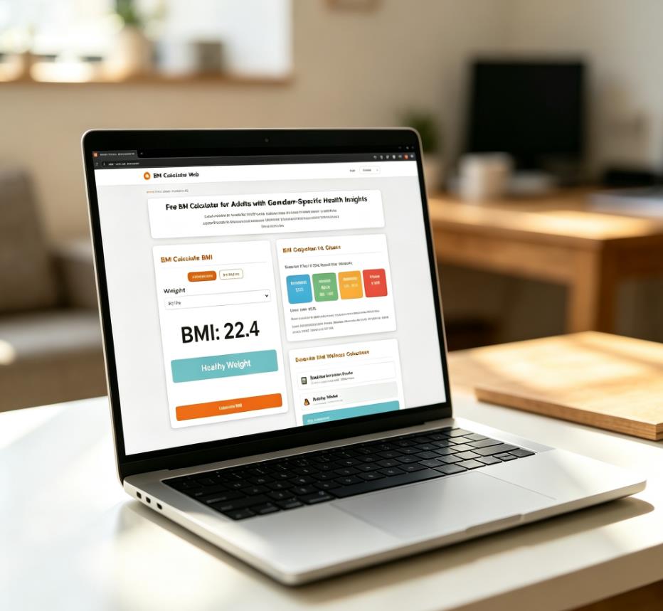 Screenshot of a free online BMI calculator interface showing inputs for weight and height with metric and US unit options.