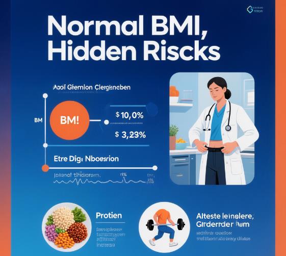 Normal BMI hidden risks infographic: BMI formula vs. body fat percentage, waist measurement, and icons for protein and exercise