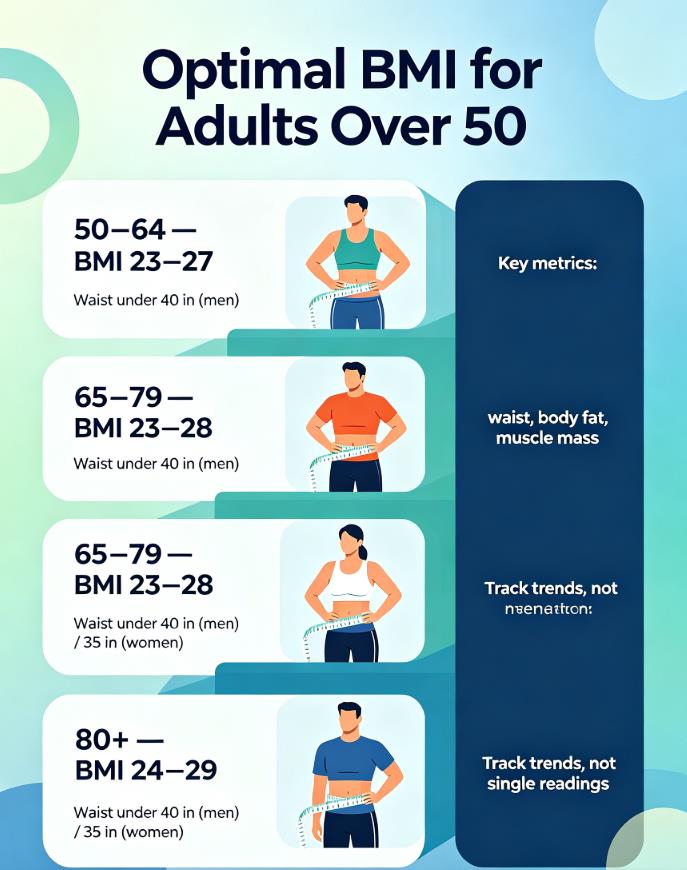 Infographic: optimal BMI for adults over 50 by age (23–27, 23–28, 24–29) with waist thresholds.