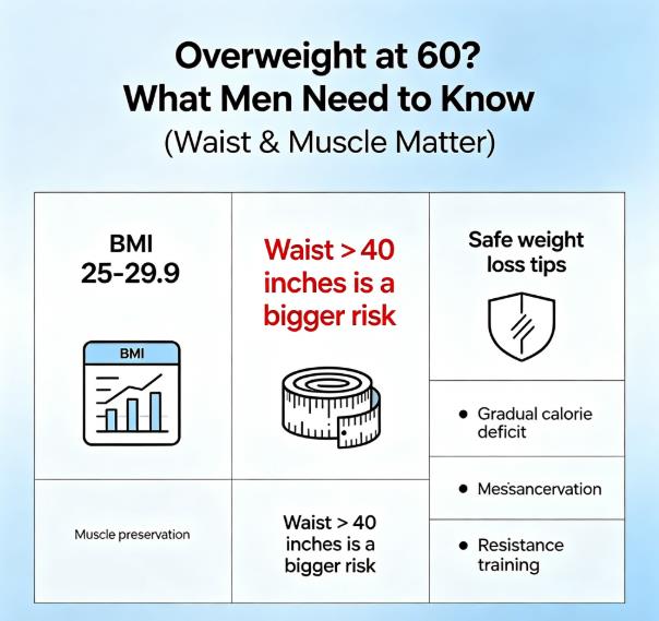 Infographic: Overweight at 60 for Men - Waist & Muscle Matter More Than BMI, US Health Guide