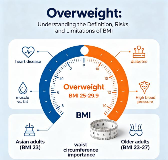 infographic explaining overweight BMI 25-29.9 CDC standards, health risks, special BMI rules for Asian adults seniors athletes and waist circumference risk guidelines