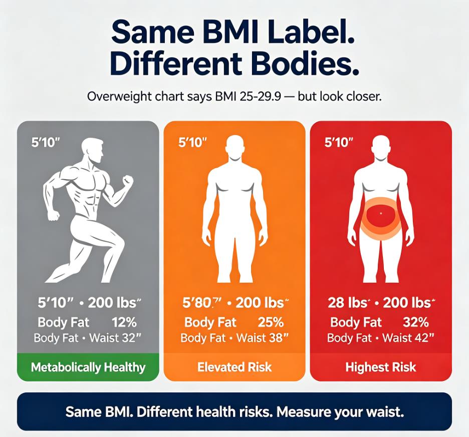 Infographic showing three 5'10" male silhouettes at same 200 lbs / BMI 28.7 with different body compositions: left — athletic, 12% body fat, 32-inch waist (healthy); center — average, 25% body fat, 38-inch waist (elevated risk); right — high body fat, 32% body fat, 42-inch waist (highest risk). Bottom text: women over 35 inches and men over 40 inches waist = higher risk, regardless of BMI.