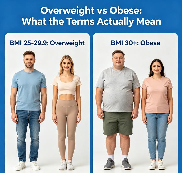 Overweight vs obese BMI categories comparison chart showing BMI 25-29.9 vs BMI 30+ with Western adult men and women, based on CDC guidelines for U.S. adults