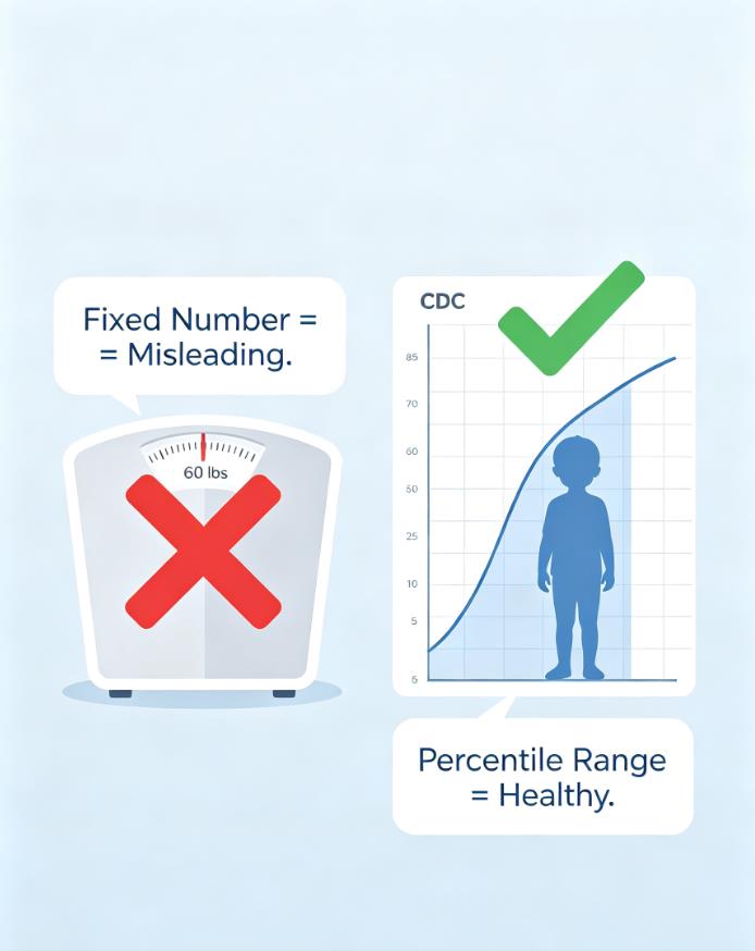 CDC growth chart showing BMI-for-age percentiles for children 2–19, highlighting the 5th to 85th percentile healthy weight range.