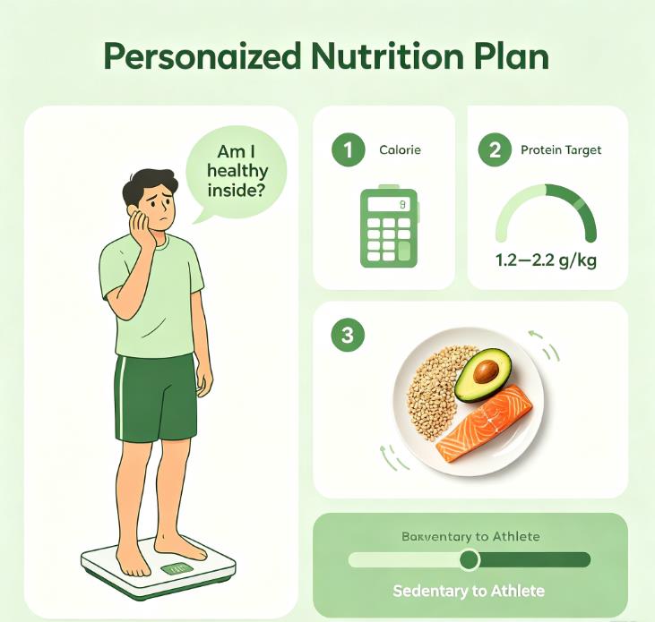 Infographic comparing BMI limitations versus 4 personalized nutrition steps: calorie baseline, protein targets, quality carbs and fats, and activity-based adjustments.