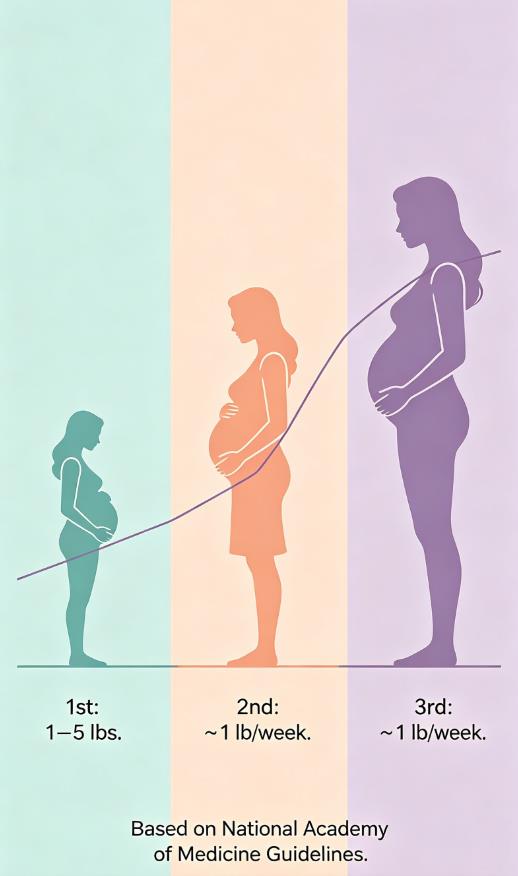 Infographic showing safe pregnancy weight gain by trimester: 1–5 lbs in the first, ~1 lb/week in the second, and ~1 lb/week in the third, based on National Academy of Medicine guidelines.
