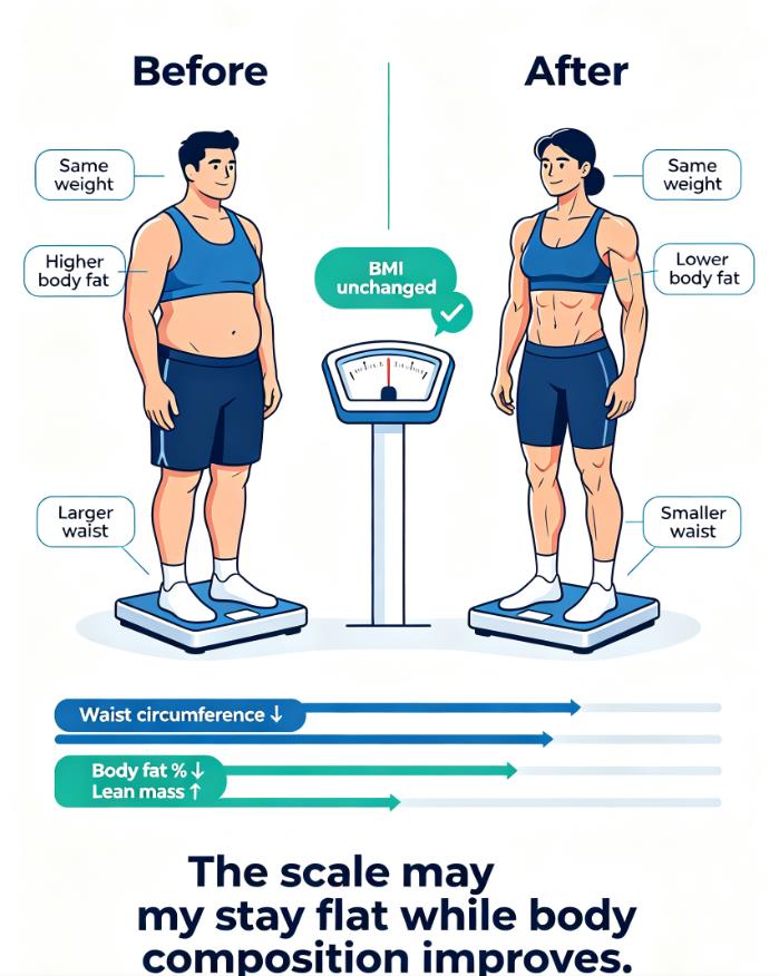 Resistance training can lower BMI without weight loss infographic: same weight, smaller waist, lower body fat, more muscle.
