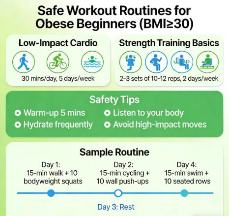 Gentle joint-friendly workout routines for obese beginners with BMI 30 and above