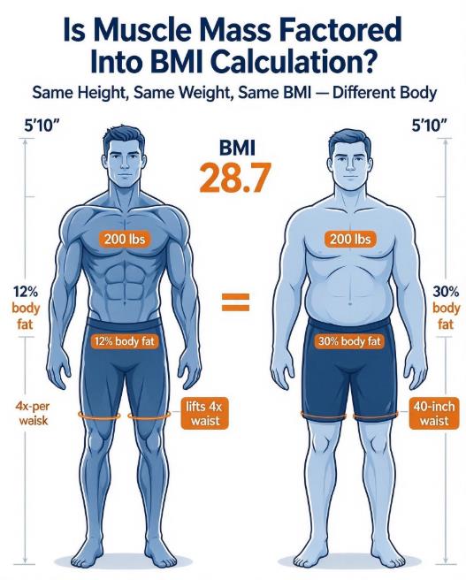 Infographic comparing two 5'10 men at 200 lbs with identical BMI 28.7 — one lean at 12% body fat and a 34-inch waist, one at 30% body fat and a 40-inch waist.