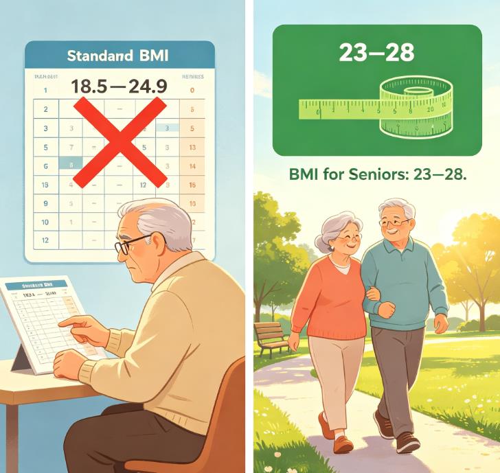 Comparison of standard BMI vs senior-specific BMI ranges, highlighting 23–28 as the healthy target for adults over 65.