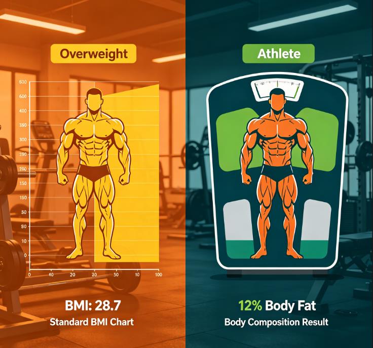 Comparison showing a muscular athlete mislabeled as overweight by BMI chart versus accurate body fat percentage measurement.