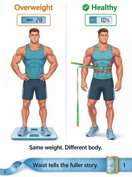 BMI limitations for large muscle mass infographic showing a muscular athlete mislabeled overweight by BMI despite low body fat.