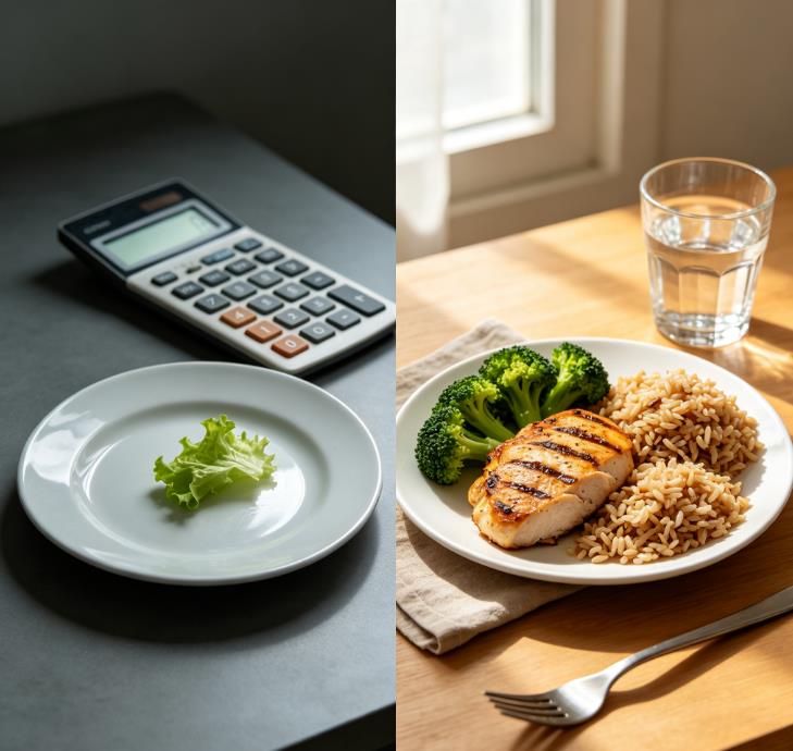 Visual comparison of a sustainable BMI diet: a balanced plate with vegetables, lean protein, and whole grains versus a restrictive crash diet with empty calories
