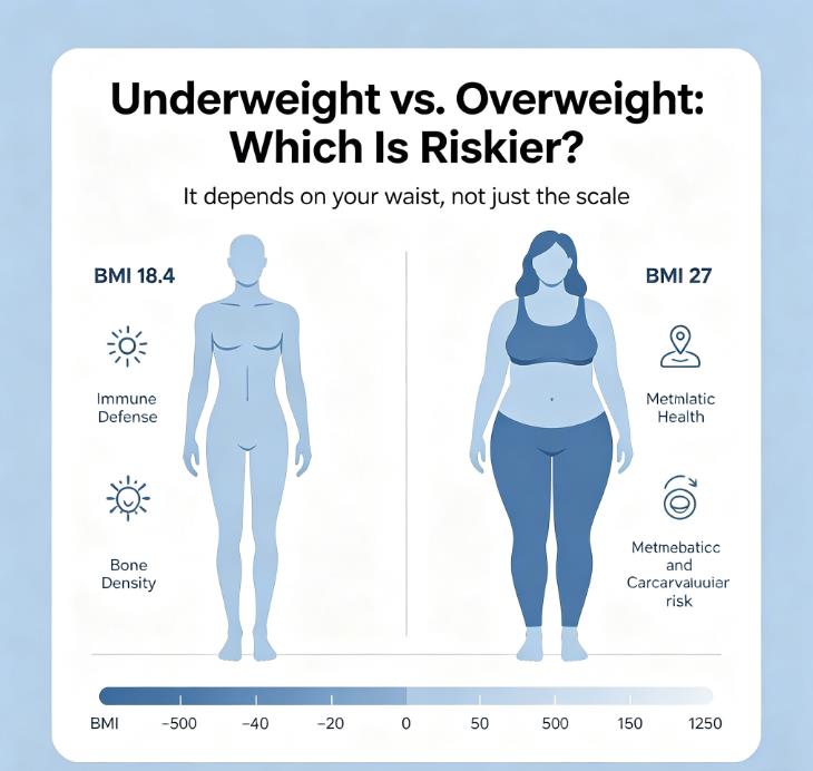 Underweight vs overweight infographic comparing BMI 18.4 and BMI 27 silhouettes, clinical health illustration showing risk depends on waist measurement not scale weight