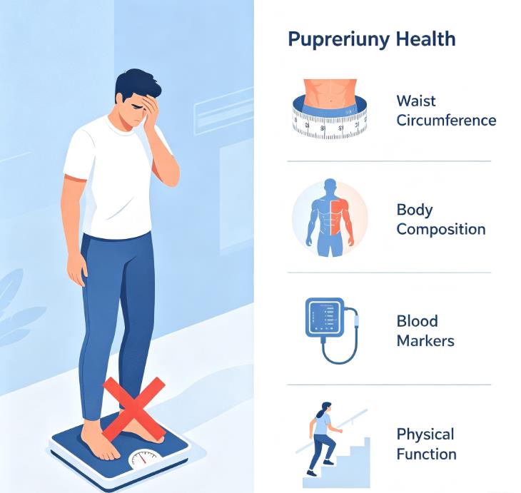 Infographic comparing a bathroom scale versus 4 key health metrics: waist circumference, body fat percentage, blood pressure, and functional fitness.