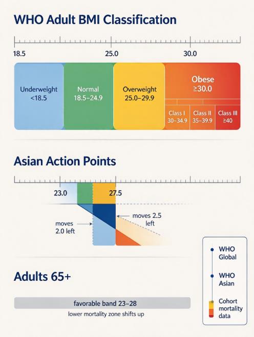 Infographic stacking WHO global adult BMI cutoffs at 18.5, 25, and 30 against lower Asian action points at 23 and 27.5, plus the 23–28 favorable band for adults over 65.